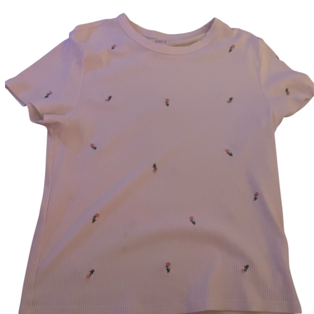 American Eagle Outfitters Women' Cream Tee with Embroidered Details